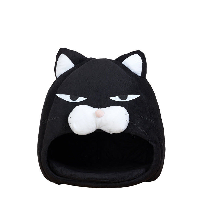 Cozy Black Cat-Shaped House Bed: Dual-Season, Washable Pet Sleeping Nest for Cats