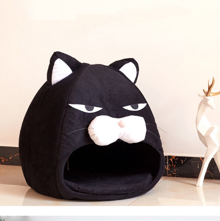 Cozy Black Cat-Shaped House Bed: Dual-Season, Washable Pet Sleeping Nest for Cats