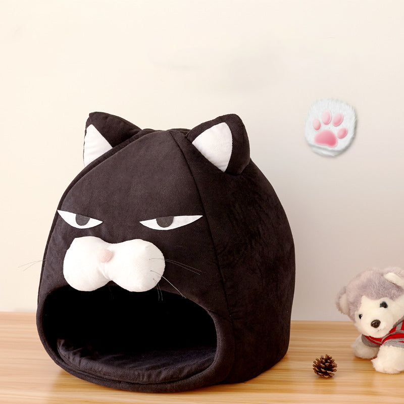 Cozy Black Cat-Shaped House Bed: Dual-Season, Washable Pet Sleeping Nest for Cats