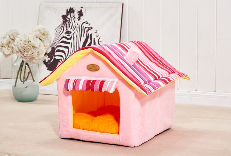 Stylish Striped Dog House with Removable Mat - Comfortable & Foldable Pet Bed for Small to Large Dogs - Easy to Clean