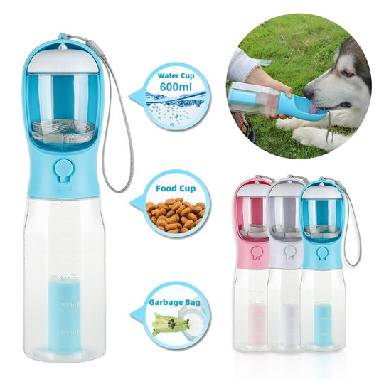 3-in-1 Multifunctional Pet Travel Companion: Portable Water & Food Dispenser with Built-In Poop Bag Holder
