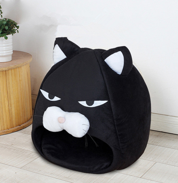 Cozy Black Cat-Shaped House Bed: Dual-Season, Washable Pet Sleeping Nest for Cats