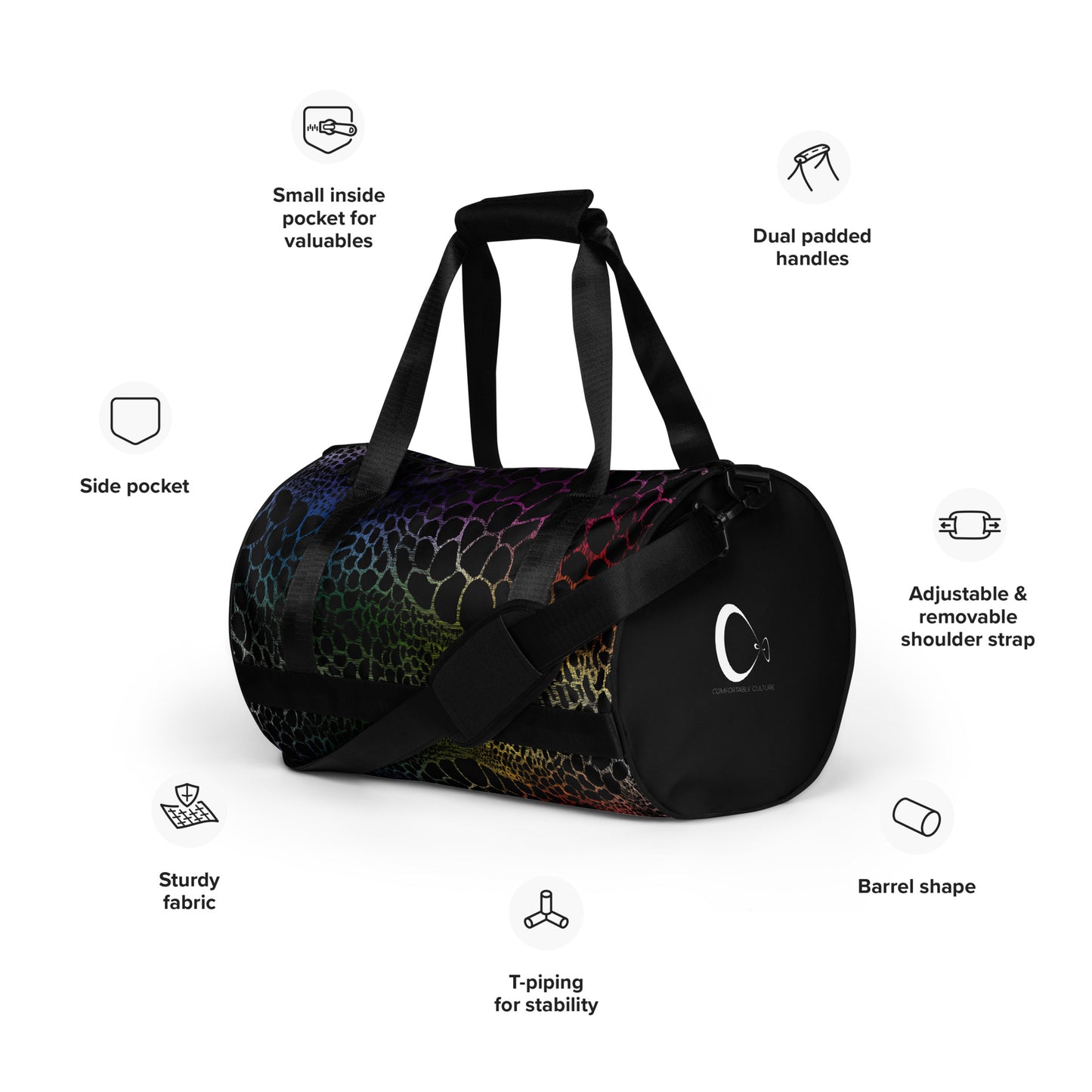 Wild Rainbow Outline (Gym Duffel Bag) - Comfortable Culture - Duffel Bags - Comfortable Culture