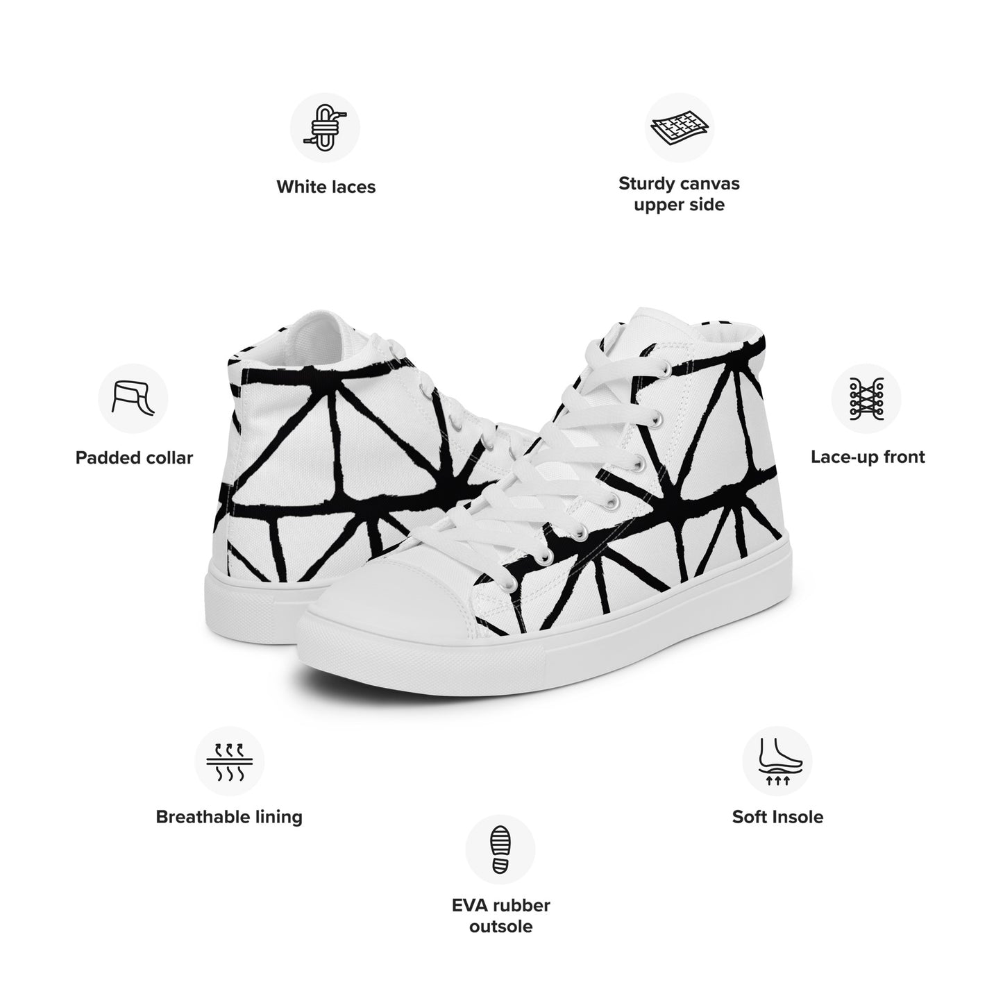 Tribal Black and White Men’s High Top Canvas Shoes | Geometric Print Shoes | Stylish Festival Sneakers | Casual Style | Lace Up Sneakers - Comfortable Culture - Shoes - Comfortable Culture