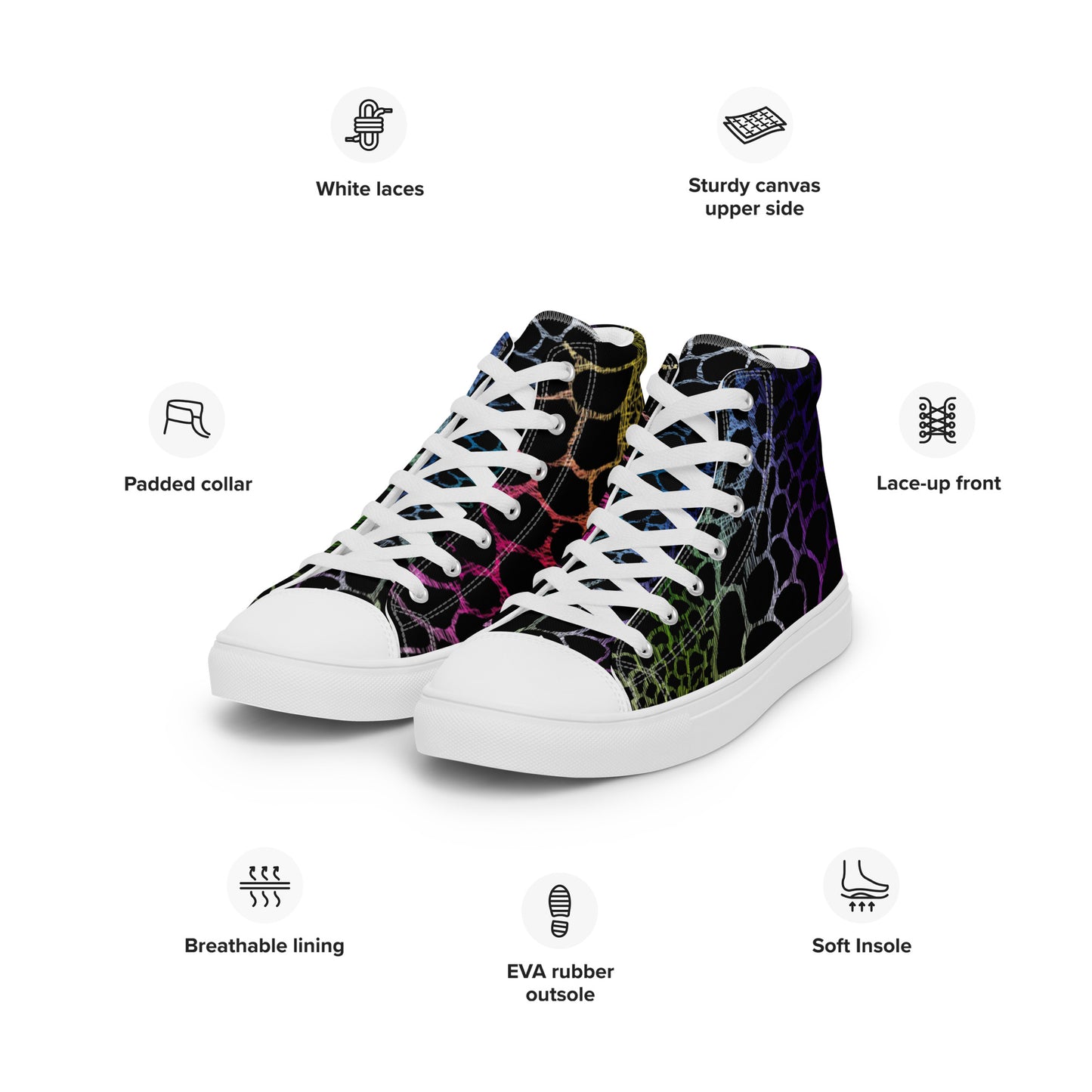 Wild Rainbow Outline Men’s High Top Canvas Shoes | Casual Print Shoes | Stylish Festival Sneakers | LGBTQ+ Shoes | Lace Up Sneakers | - Comfortable Culture - Shoes - Comfortable Culture
