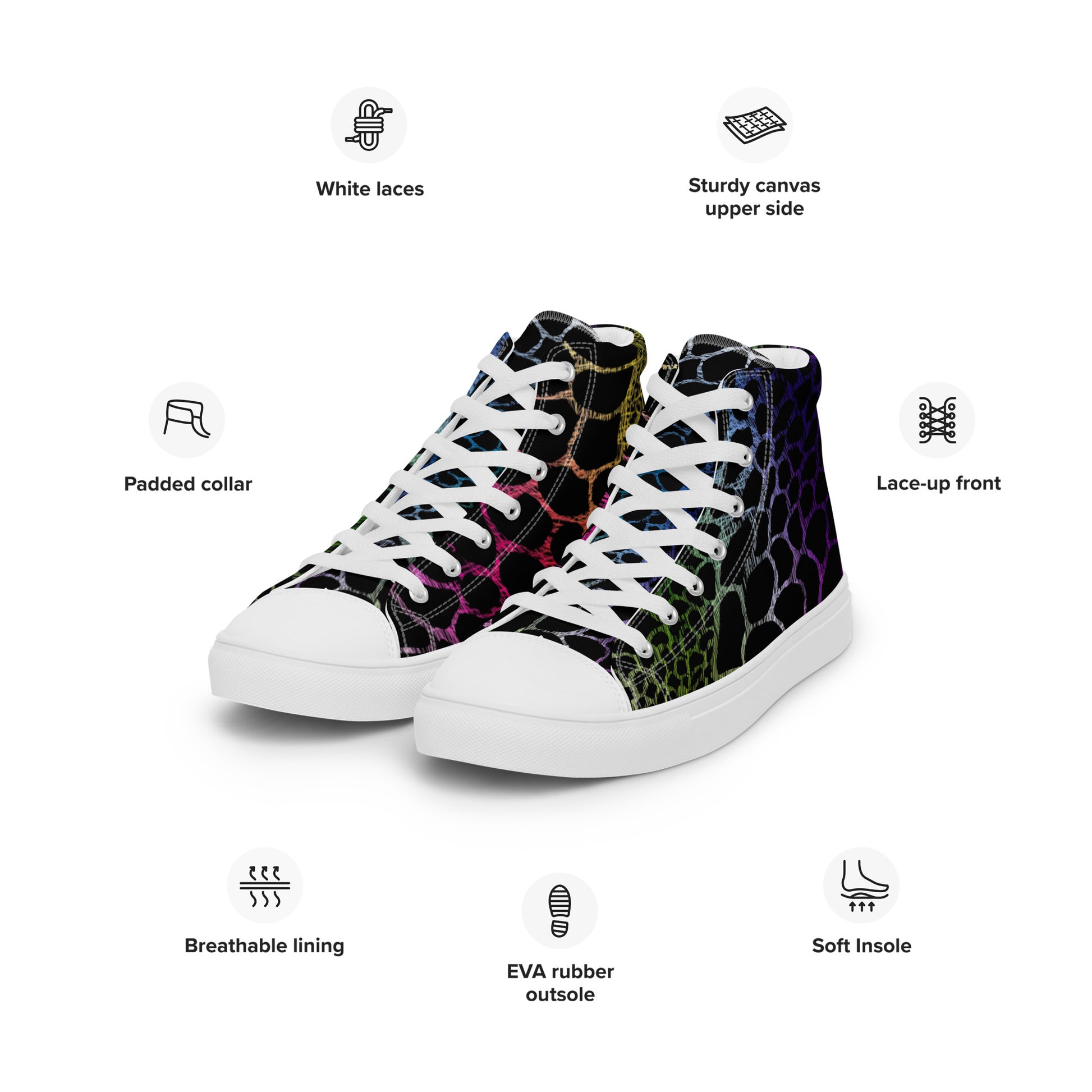 Wild Rainbow Outline Men’s High Top Canvas Shoes | Casual Print Shoes | Stylish Festival Sneakers | LGBTQ+ Shoes | Lace Up Sneakers | - Comfortable Culture - Shoes - Comfortable Culture