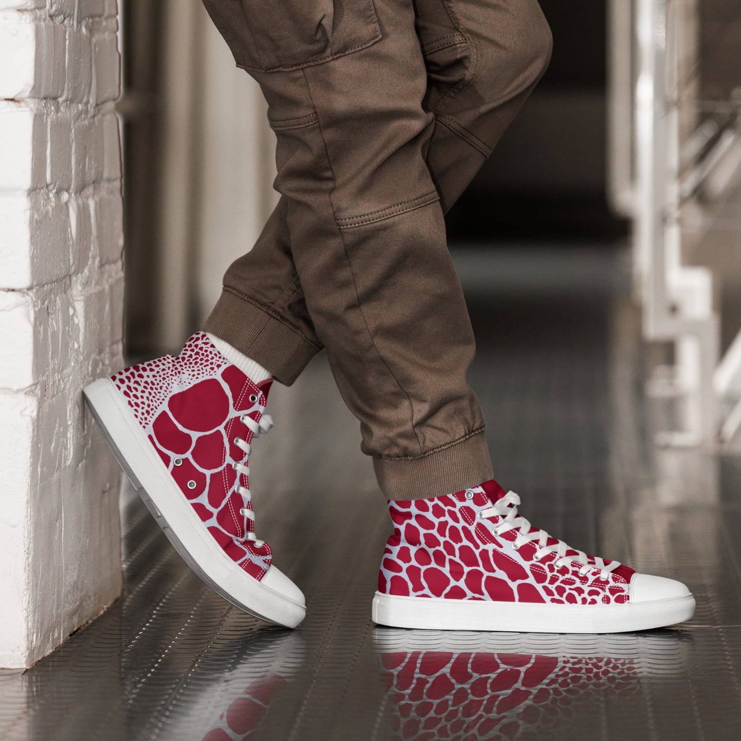 Organic Men’s High Top Canvas Shoes (Red & White) | Comfortable Print Shoes | Stylish Festival Sneakers | Comfortable Culture - Comfortable Culture - Shoes - Comfortable Culture
