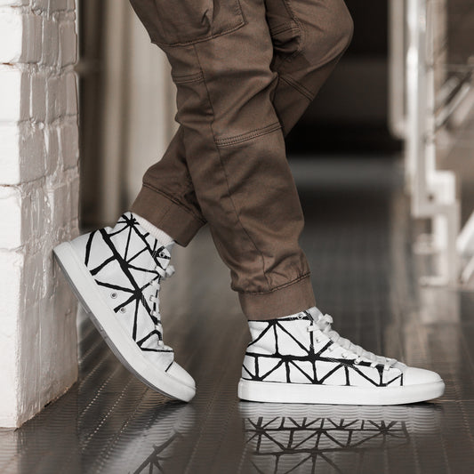 Tribal Black and White Men’s High Top Canvas Shoes | Geometric Print Shoes | Stylish Festival Sneakers | Casual Style | Lace Up Sneakers - Comfortable Culture - Shoes - Comfortable Culture
