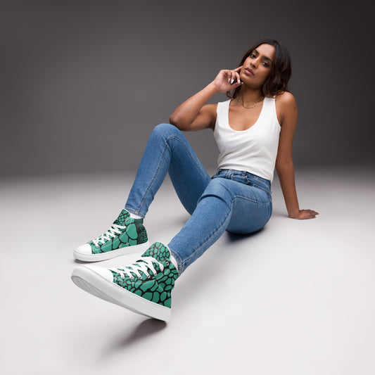 Organic Teal Print Women’s High Top Canvas Shoes | Casual Print Shoes | Stylish Festival Sneakers | Abstract Shoes | Lace Up Sneakers | - Comfortable Culture - 5 - Shoes - Comfortable Culture