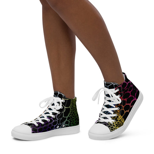 Wild Rainbow Outline Women’s High Top Canvas Shoes | Casual Print Shoes | Stylish Festival Sneakers | LGBTQ+ Shoes | Lace Up Sneakers | - Comfortable Culture - Shoes - Comfortable Culture