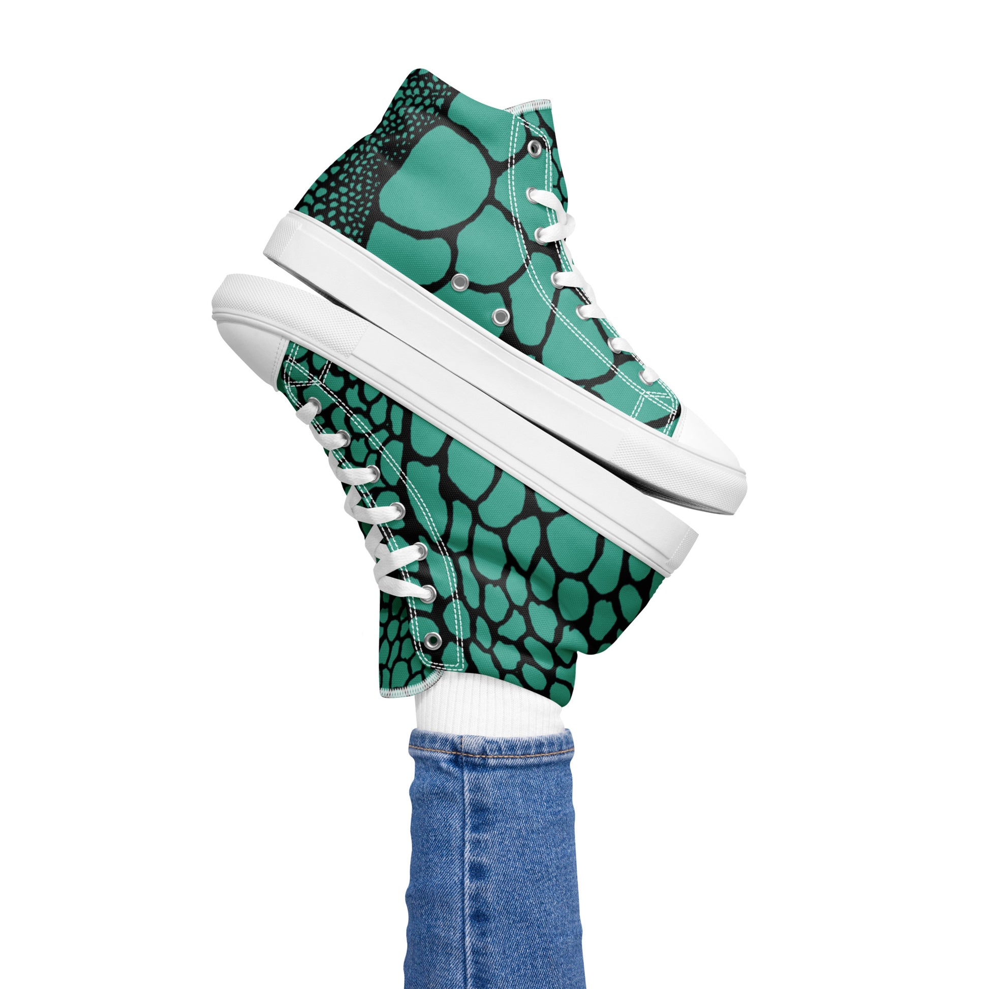 Organic Teal Print Women’s High Top Canvas Shoes | Casual Print Shoes | Stylish Festival Sneakers | Abstract Shoes | Lace Up Sneakers | - Comfortable Culture - Shoes - Comfortable Culture