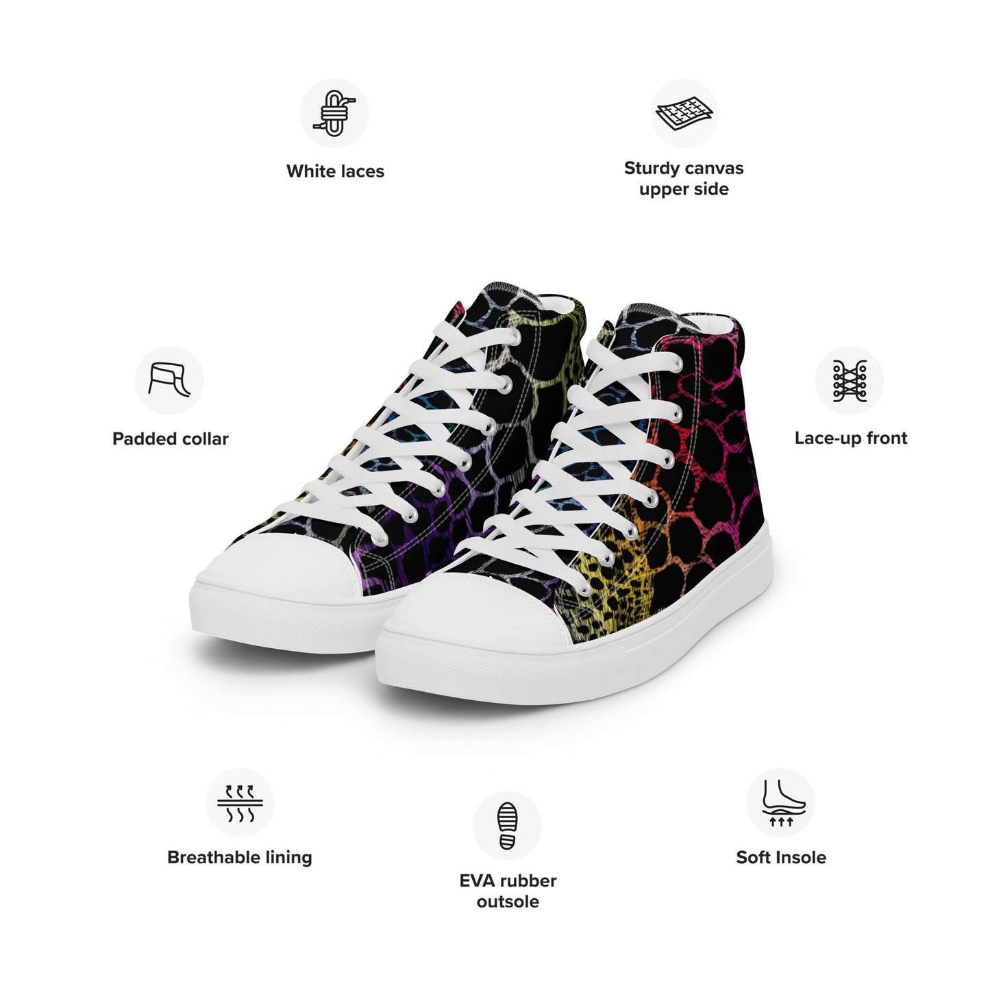 Wild Rainbow Outline Women’s High Top Canvas Shoes | Casual Print Shoes | Stylish Festival Sneakers | LGBTQ+ Shoes | Lace Up Sneakers | - Comfortable Culture - Shoes - Comfortable Culture