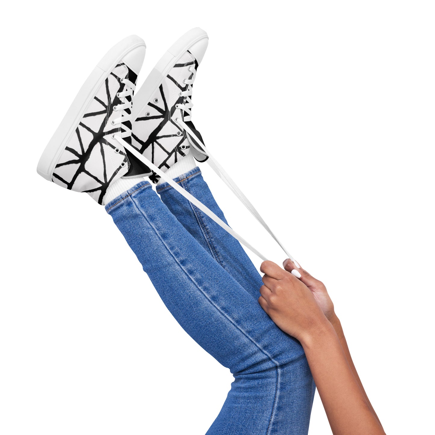 Tribal Print Black and White Women’s High Top Canvas Shoes | Geometric Print Shoes | Stylish Festival Sneakers | Casual | Lace Up Sneakers - Comfortable Culture - Shoes - Comfortable Culture