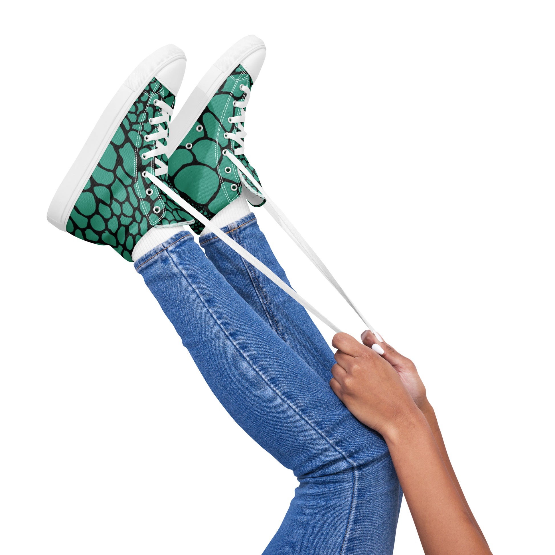 Organic Teal Print Women’s High Top Canvas Shoes | Casual Print Shoes | Stylish Festival Sneakers | Abstract Shoes | Lace Up Sneakers | - Comfortable Culture - Shoes - Comfortable Culture