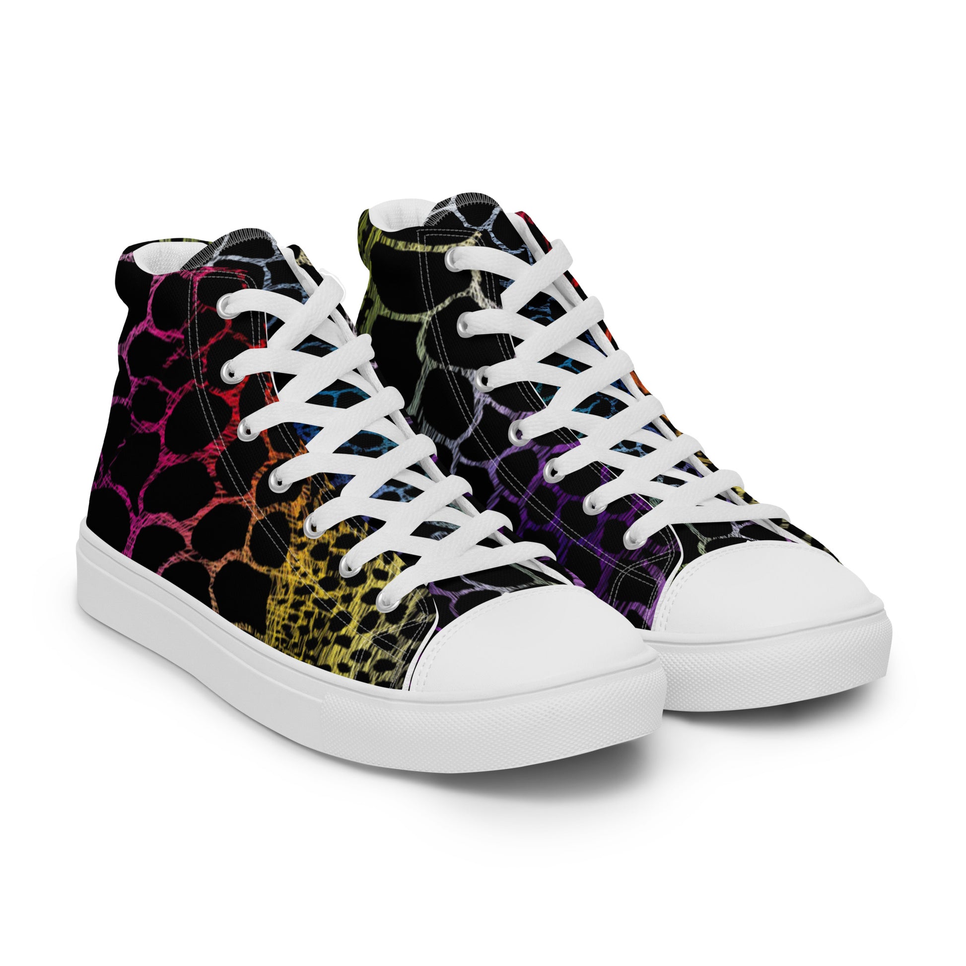 Wild Rainbow Outline Women’s High Top Canvas Shoes | Casual Print Shoes | Stylish Festival Sneakers | LGBTQ+ Shoes | Lace Up Sneakers | - Comfortable Culture - Shoes - Comfortable Culture
