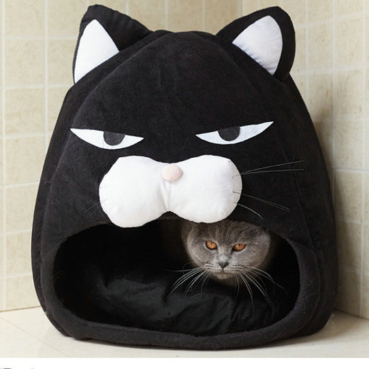 Cozy Black Cat-Shaped House Bed: Dual-Season, Washable Pet Sleeping Nest for Cats