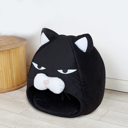 Cozy Black Cat-Shaped House Bed: Dual-Season, Washable Pet Sleeping Nest for Cats