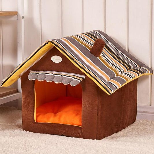 Stylish Striped Dog House with Removable Mat - Comfortable & Foldable Pet Bed for Small to Large Dogs - Easy to Clean