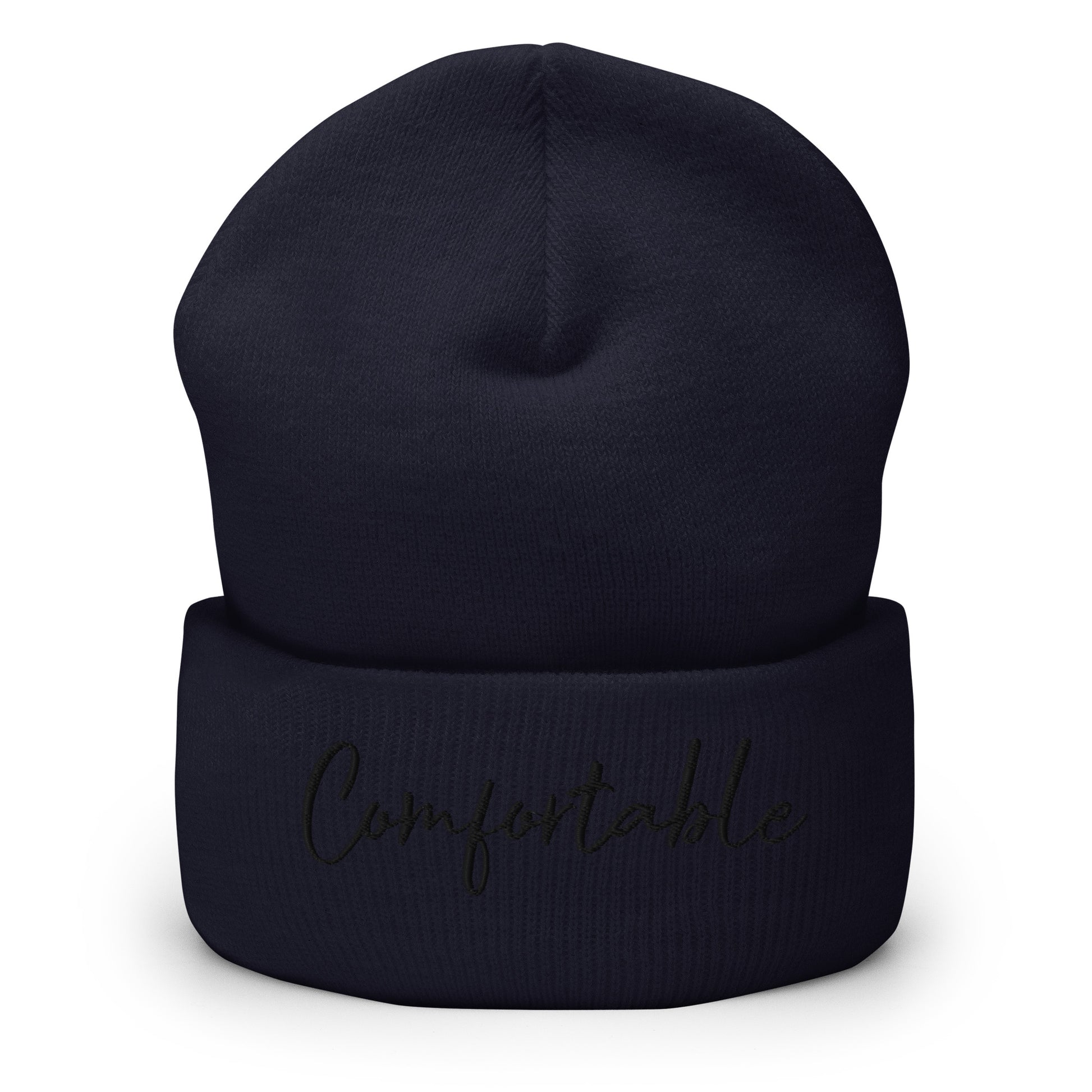 "Comfortable" Cuffed Beanie (Black Text) - Comfortable Culture - Navy - Hats - Comfortable Culture