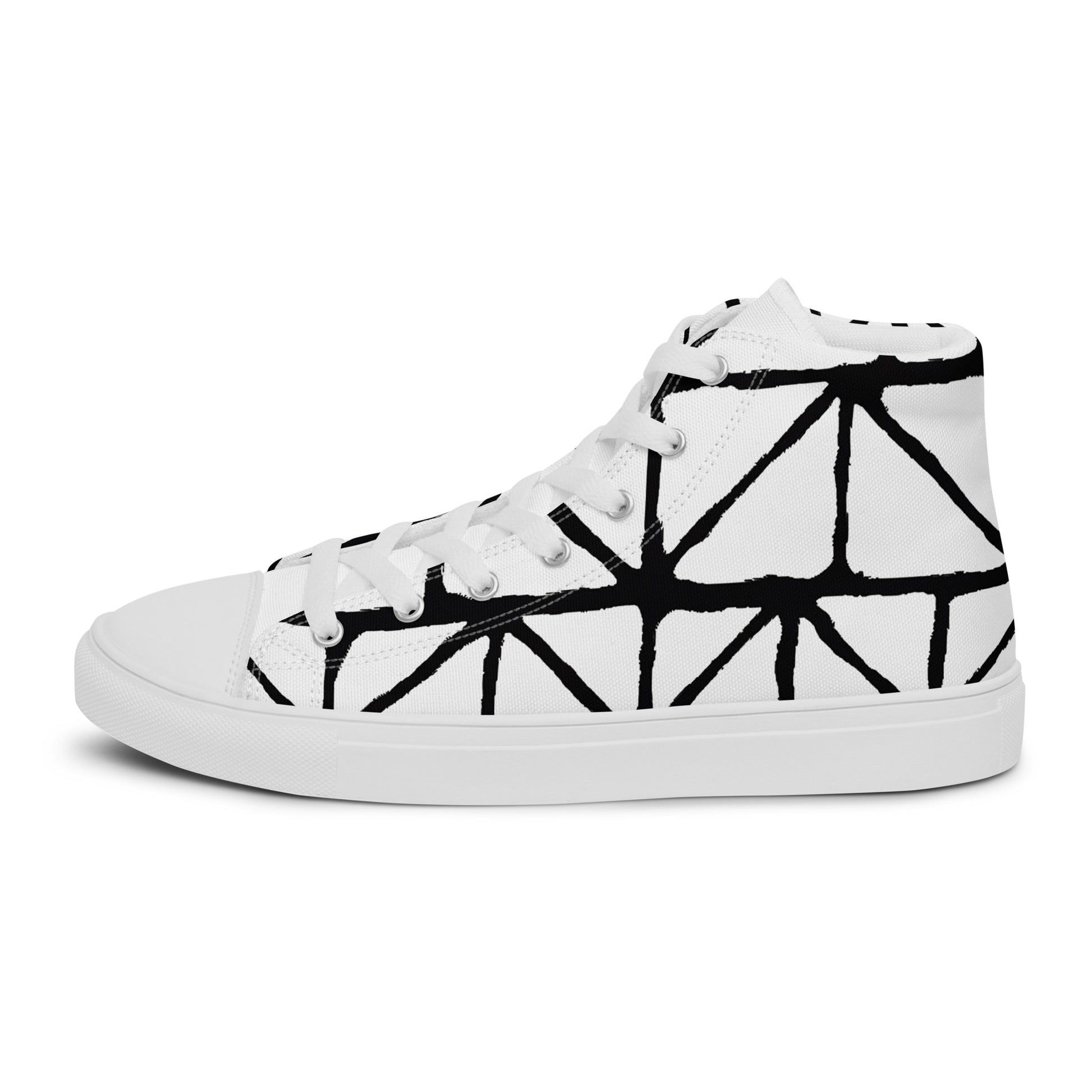 Tribal Black and White Men’s High Top Canvas Shoes | Geometric Print Shoes | Stylish Festival Sneakers | Casual Style | Lace Up Sneakers - Comfortable Culture - 5 - Shoes - Comfortable Culture