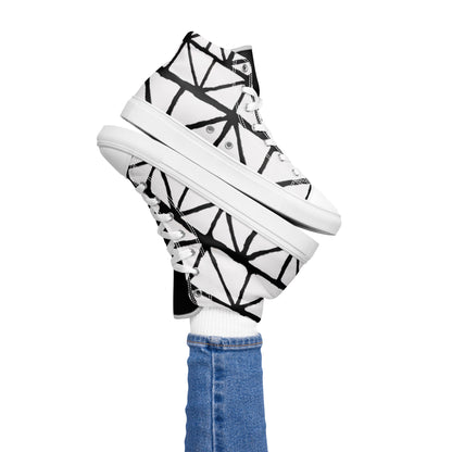 Tribal Print Black and White Women’s High Top Canvas Shoes | Geometric Print Shoes | Stylish Festival Sneakers | Casual | Lace Up Sneakers - Comfortable Culture - Shoes - Comfortable Culture