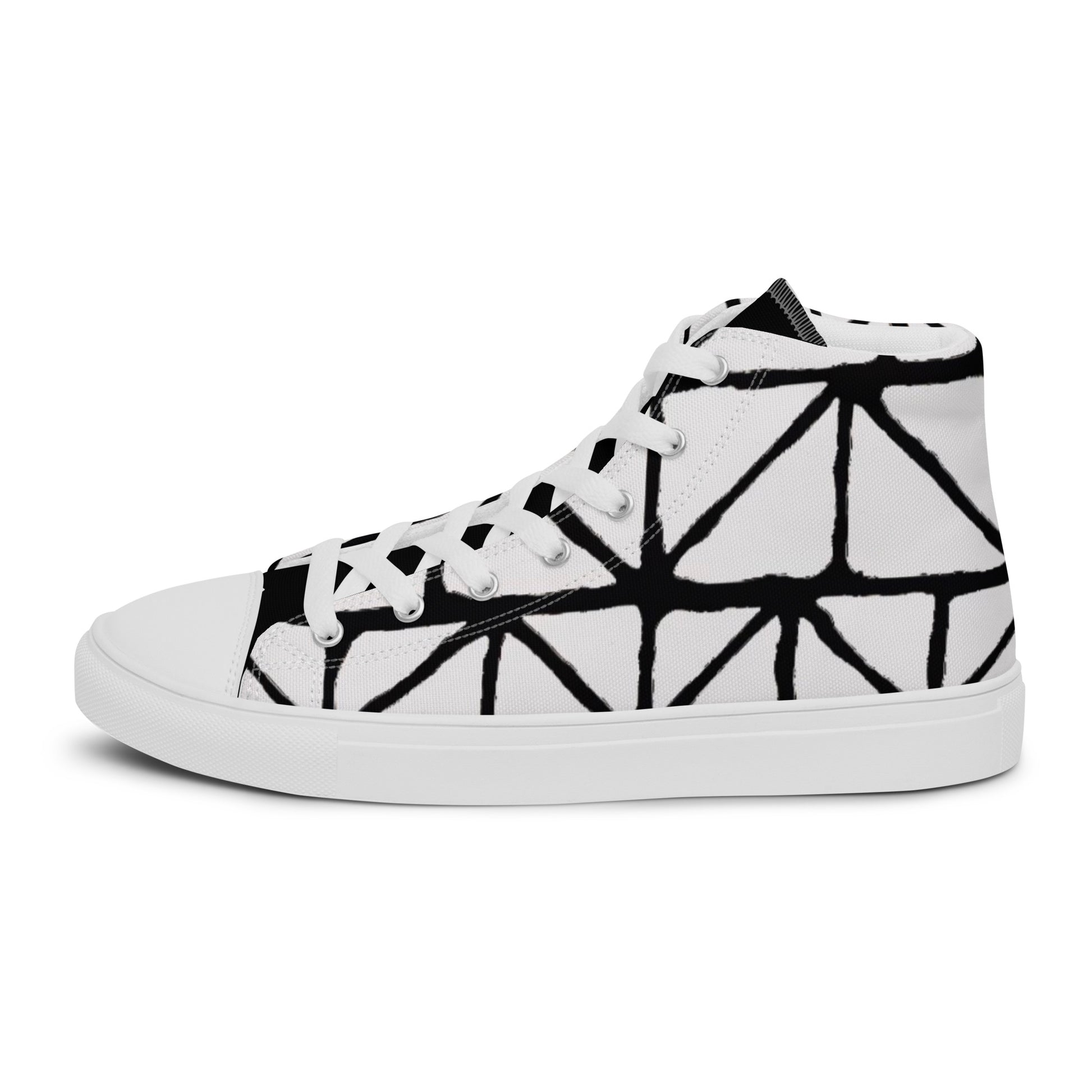 Tribal Print Black and White Women’s High Top Canvas Shoes | Geometric Print Shoes | Stylish Festival Sneakers | Casual | Lace Up Sneakers - Comfortable Culture - Shoes - Comfortable Culture